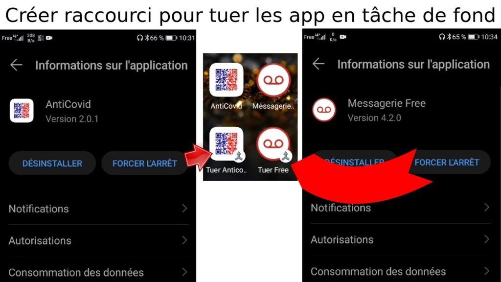 Comment créer un raccourci sur Android pour forcer l'arrêt d'applications AntiCovid, Messagerie Free