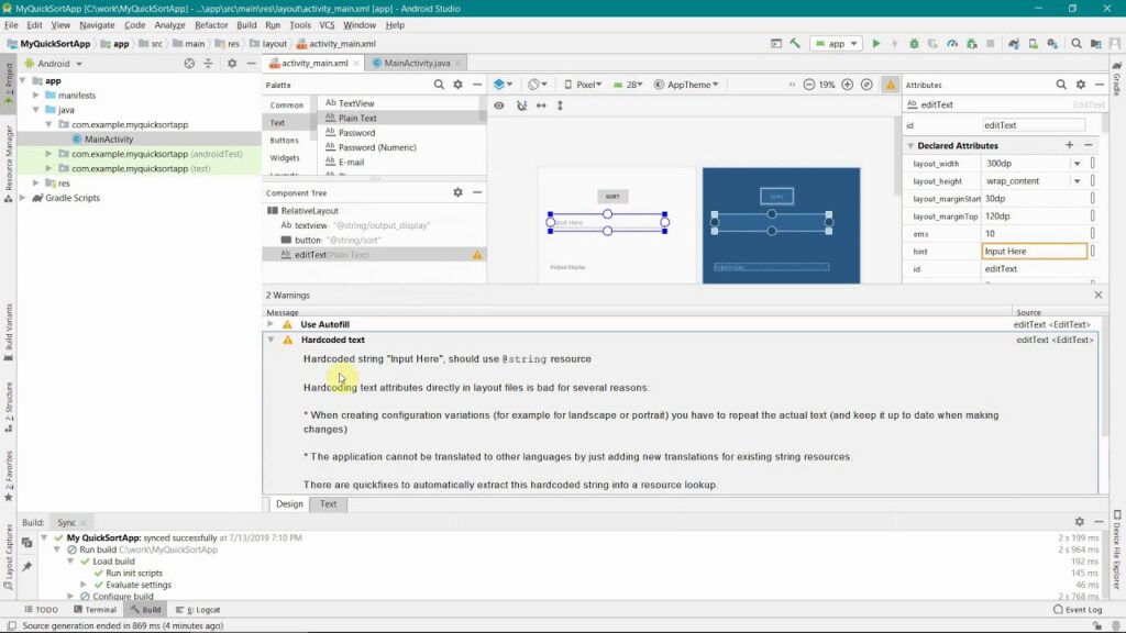 How to develop a Quick Sort recursive Algorithm App in Android Studio?