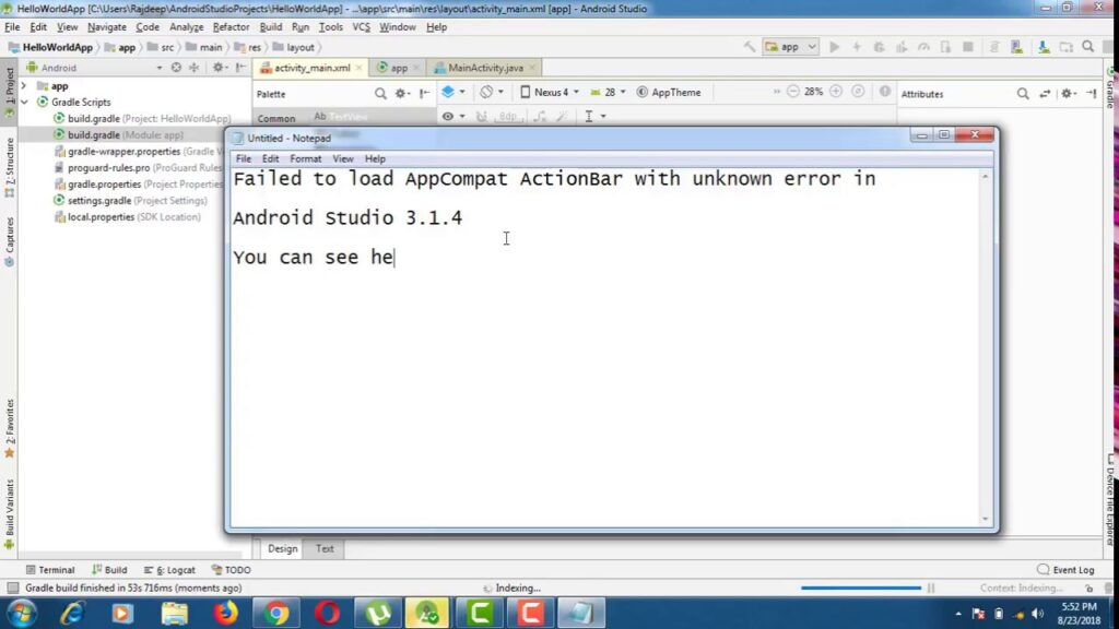Failed to load AppCompat ActionBar with unknown error in Android Studio 3.1.4 - Solution #Android