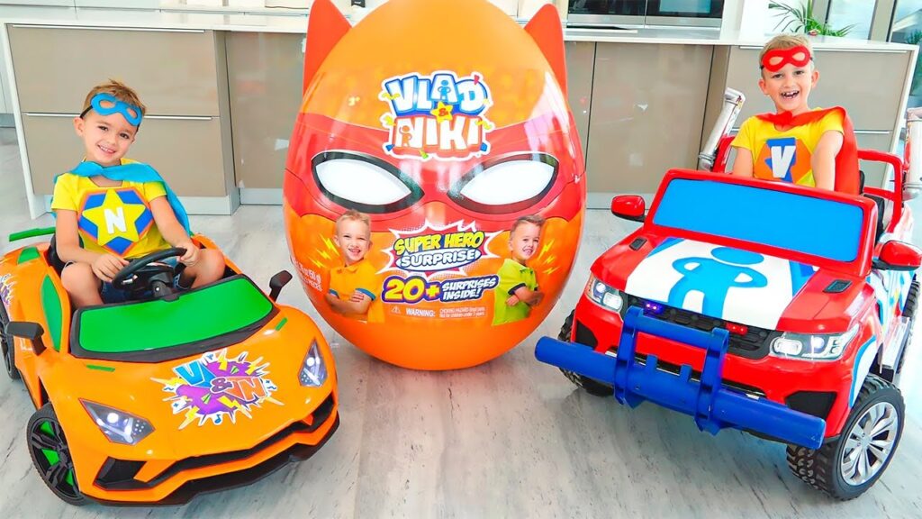 Vlad and Niki ride on cars and chase Dinosaur Surprise Eggs with Toys 1