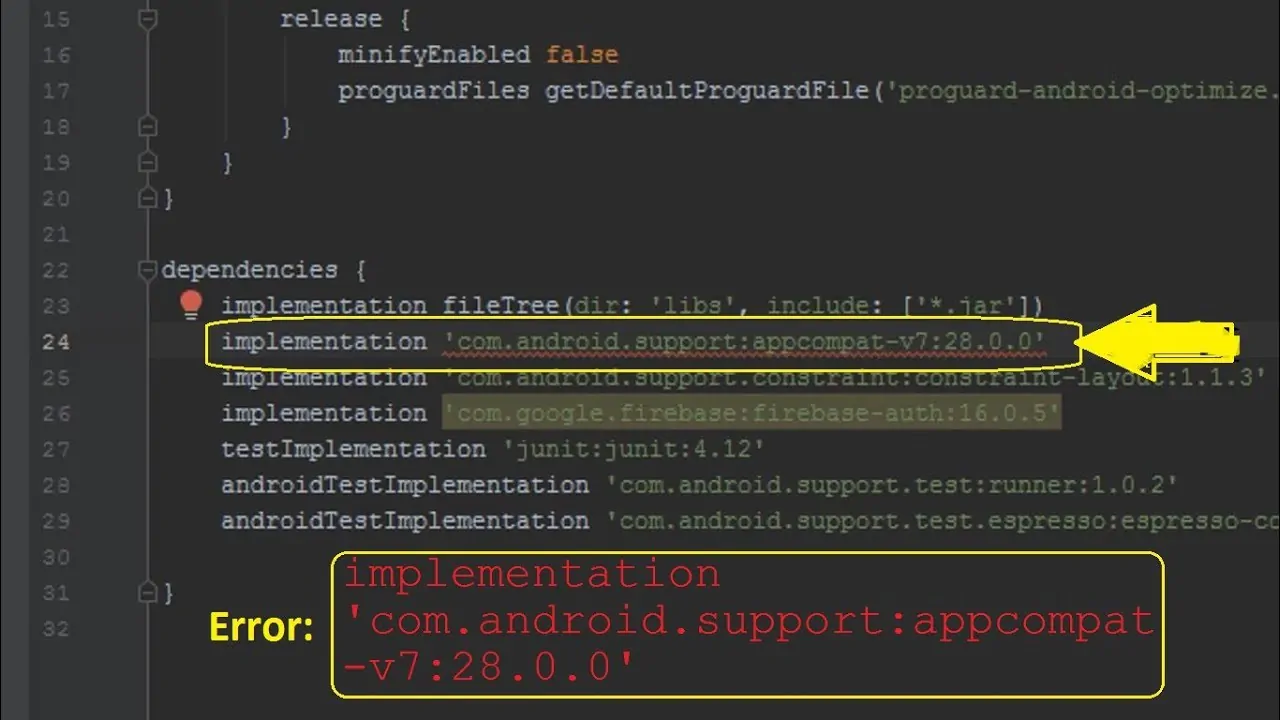 Error: implementation 'com.android.assist:appcompat-v7:28.0.0' Below Line Crimson Coloration Answer