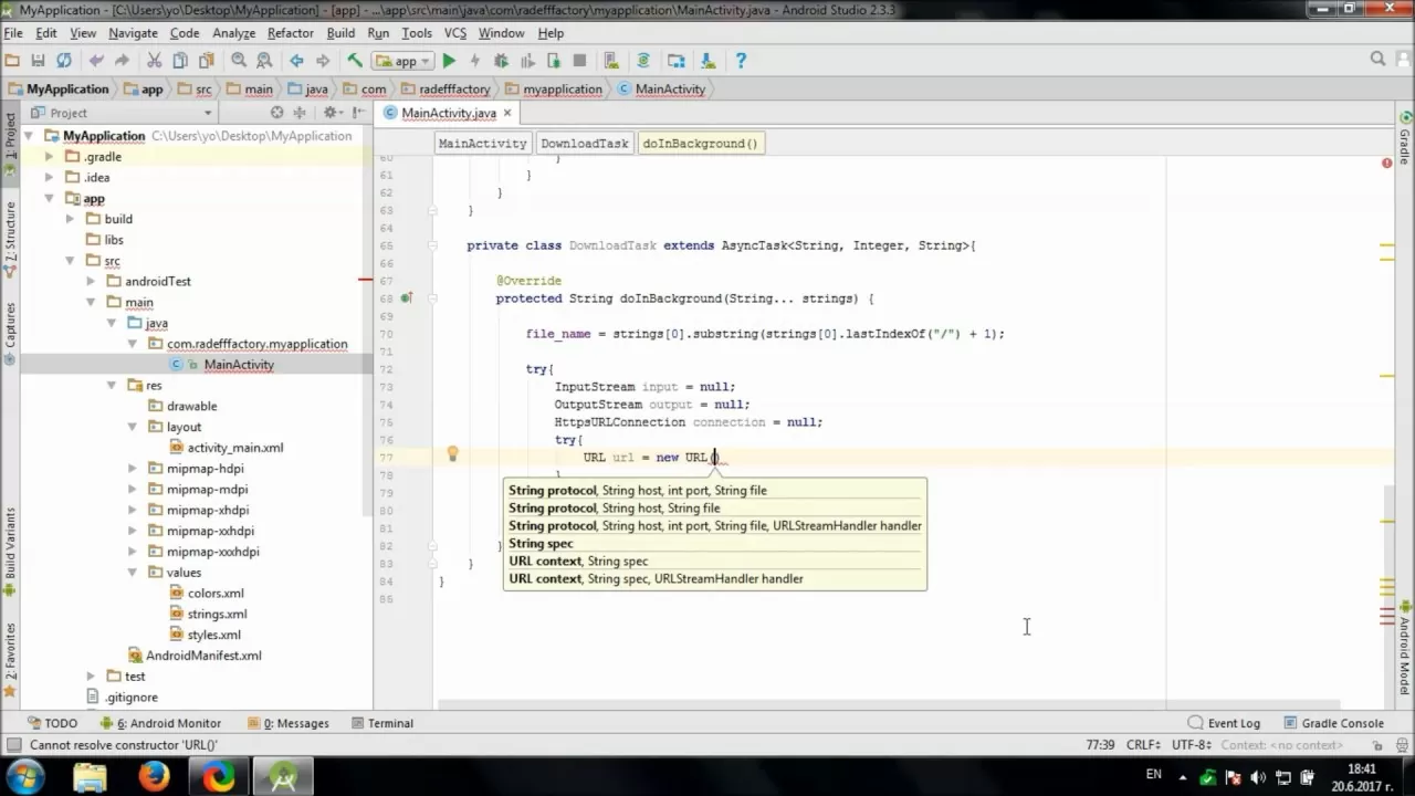Develop simple File Downloader in Android Studio