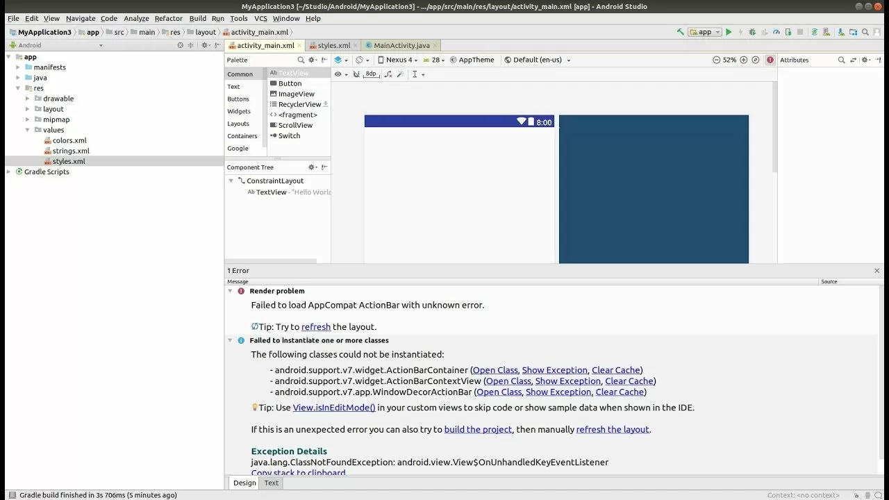 Failed to load AppCompat ActionBar with unknown error in android studio